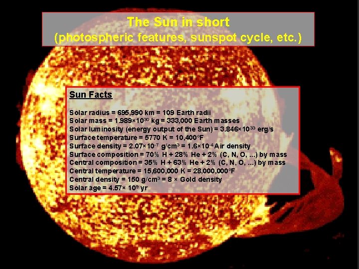 The Sun in short (photospheric features, sunspot cycle, etc. ) Sun Facts Solar radius