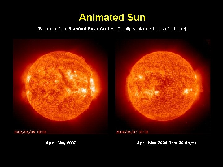 Animated Sun [Borrowed from Stanford Solar Center URL http: //solar-center. stanford. edu/]. April-May 2003