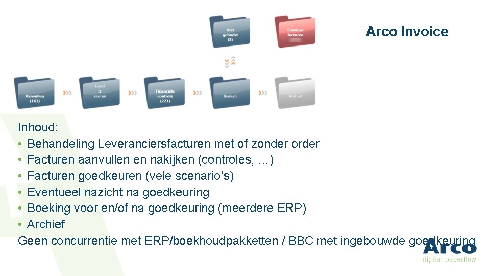 Arco Invoice Inhoud: • Behandeling Leveranciersfacturen met of zonder order • Facturen aanvullen en