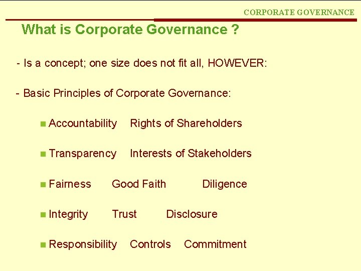 CORPORATE GOVERNANCE What is Corporate Governance ? - Is a concept; one size does