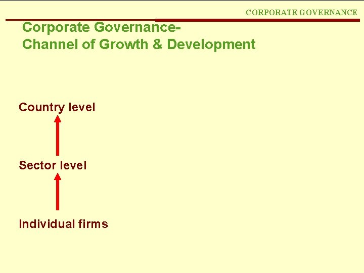 CORPORATE GOVERNANCE Corporate Governance. Channel of Growth & Development Country level Sector level Individual
