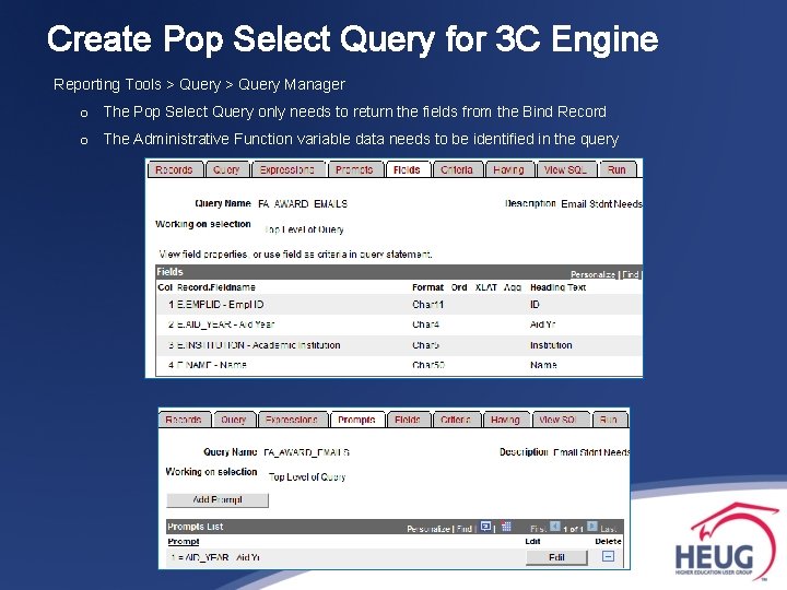 Create Pop Select Query for 3 C Engine Reporting Tools > Query Manager o