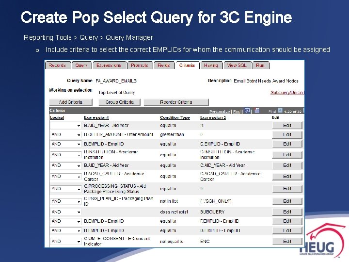 Create Pop Select Query for 3 C Engine Reporting Tools > Query Manager o