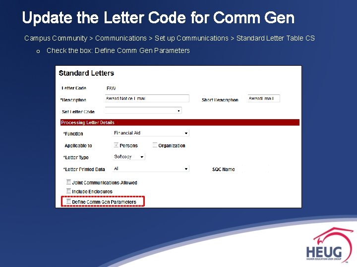 Update the Letter Code for Comm Gen Campus Community > Communications > Set up