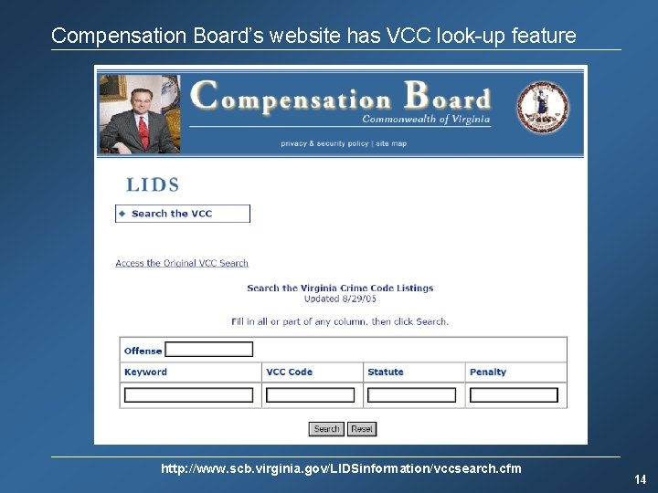 Compensation Board’s website has VCC look-up feature http: //www. scb. virginia. gov/LIDSinformation/vccsearch. cfm 14