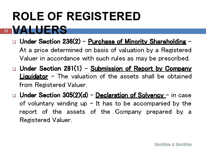 13 ROLE OF REGISTERED VALUERS q q q Under Section 236(2) – Purchase of