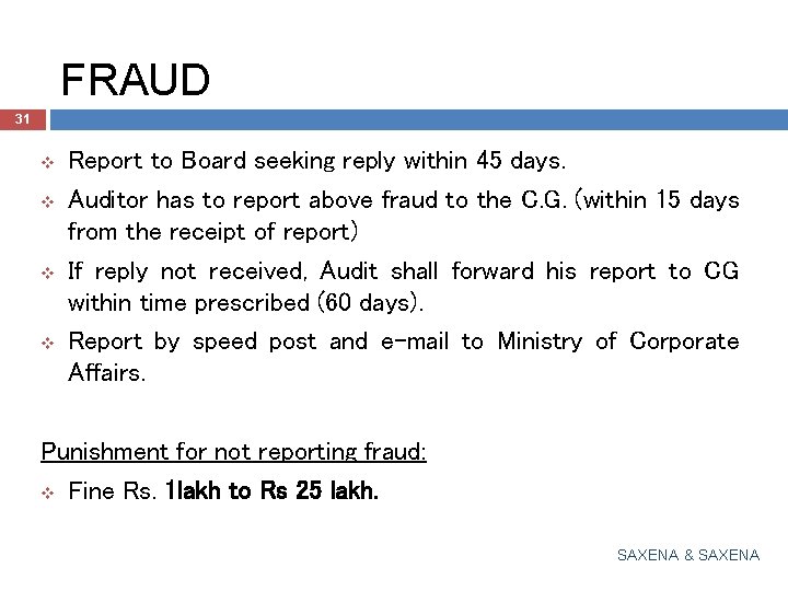 FRAUD 31 v v Report to Board seeking reply within 45 days. Auditor has