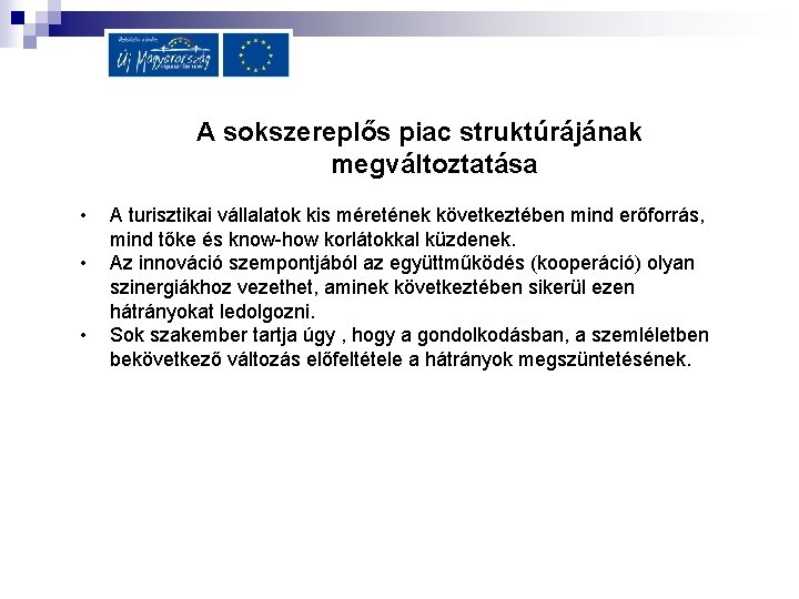 A sokszereplős piac struktúrájának megváltoztatása • • • A turisztikai vállalatok kis méretének következtében