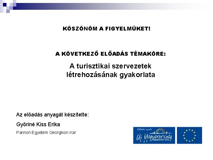 KÖSZÖNÖM A FIGYELMÜKET! A KÖVETKEZŐ ELŐADÁS TÉMAKÖRE: A turisztikai szervezetek létrehozásának gyakorlata Az előadás