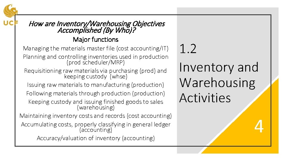 How are Inventory/Warehousing Objectives Accomplished (By Who)? Major functions Managing the materials master file