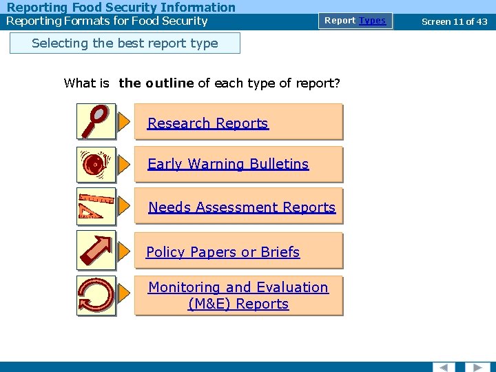 Reporting Food Security Information Reporting Formats for Food Security Report Types Selecting the best