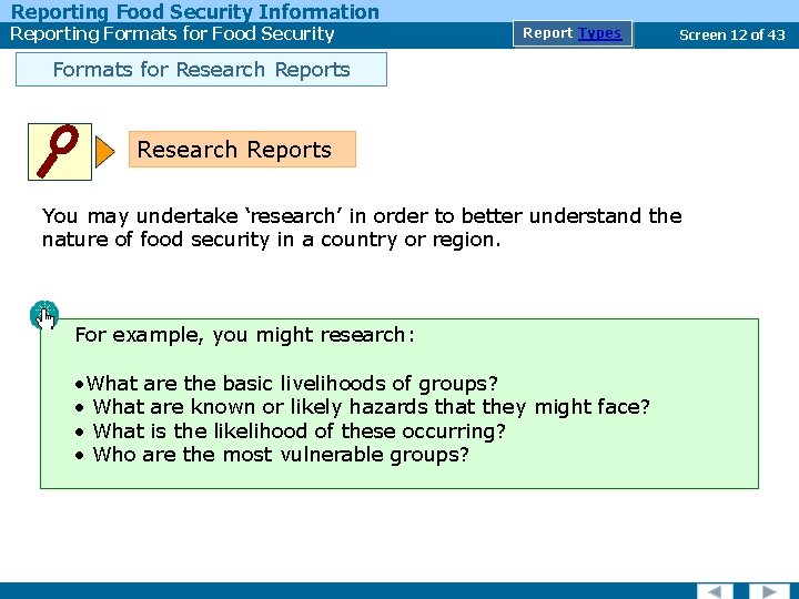 Reporting Food Security Information Reporting Formats for Food Security Report Types Screen 12 of