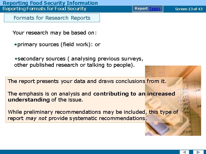 Reporting Food Security Information Reporting Formats for Food Security Report Types Screen 13 of