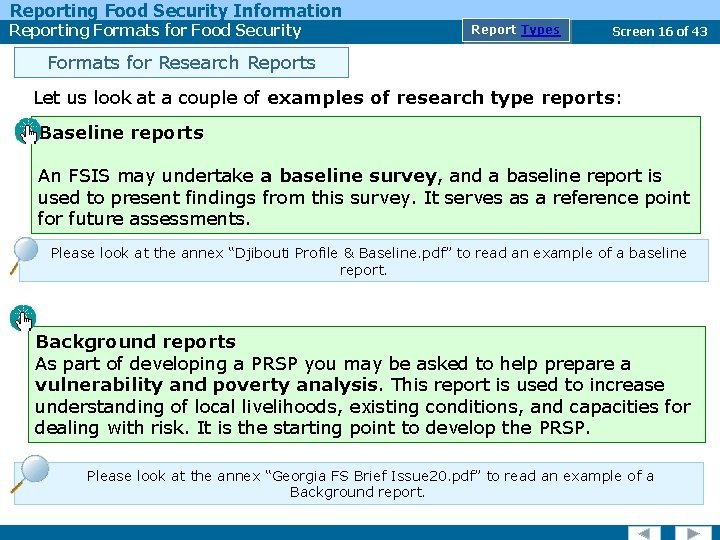Reporting Food Security Information Reporting Formats for Food Security Report Types Screen 16 of