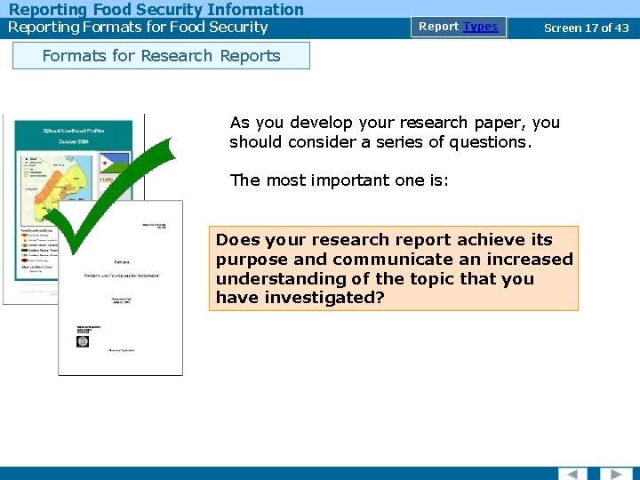 Reporting Food Security Information Reporting Formats for Food Security Report Types Screen 17 of