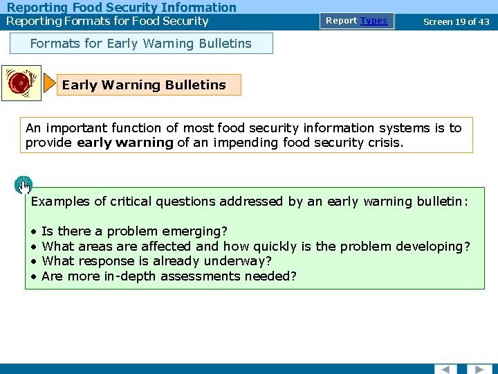 Reporting Food Security Information Reporting Formats for Food Security Report Types Screen 19 of