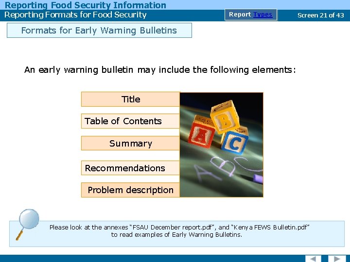 Reporting Food Security Information Reporting Formats for Food Security Report Types Screen 21 of