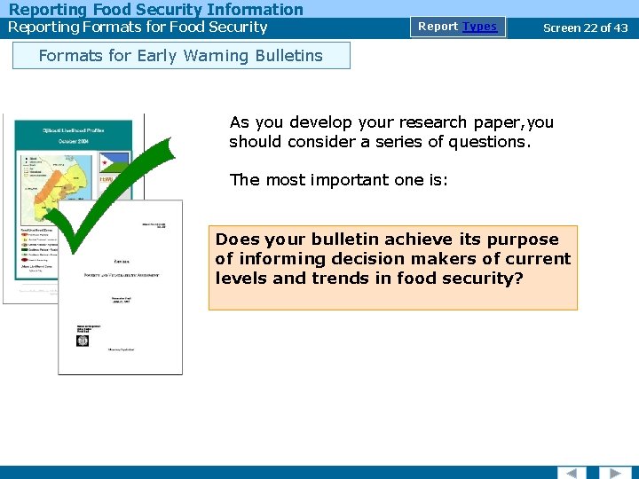 Reporting Food Security Information Reporting Formats for Food Security Report Types Screen 22 of