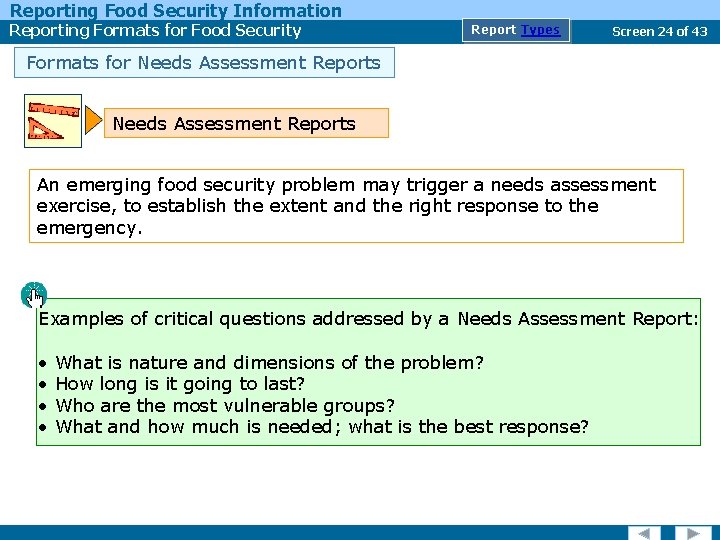 Reporting Food Security Information Reporting Formats for Food Security Report Types Screen 24 of