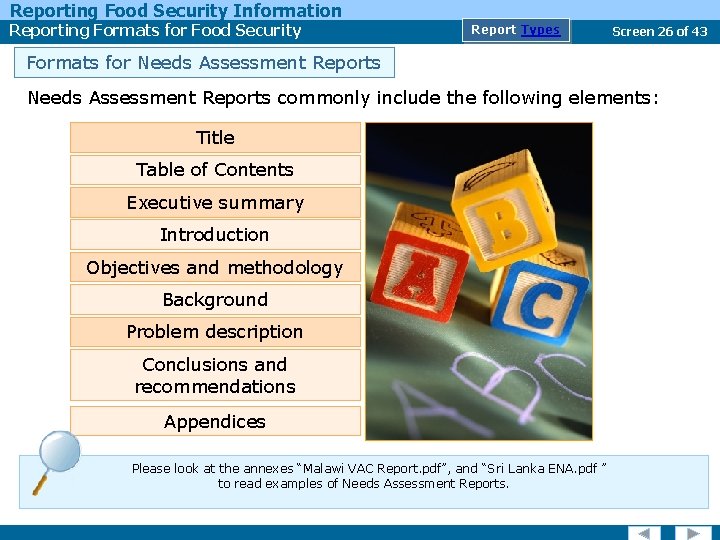 Reporting Food Security Information Reporting Formats for Food Security Report Types Screen 26 of