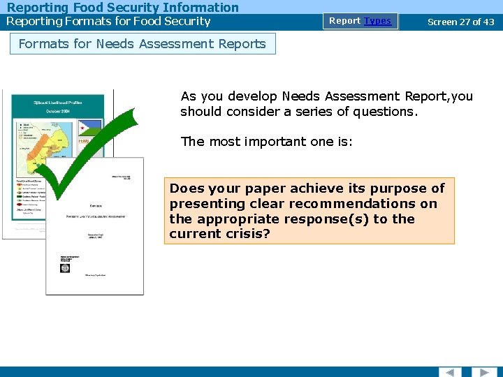 Reporting Food Security Information Reporting Formats for Food Security Report Types Screen 27 of