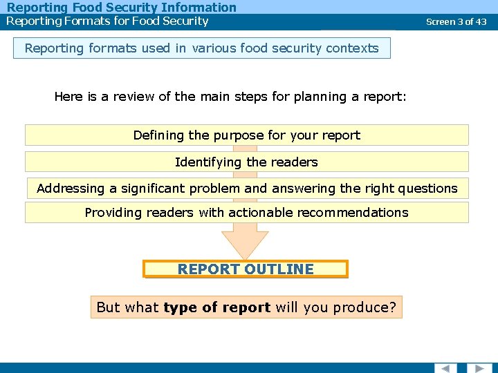 Reporting Food Security Information Reporting Formats for Food Security Report Types Screen 3 of