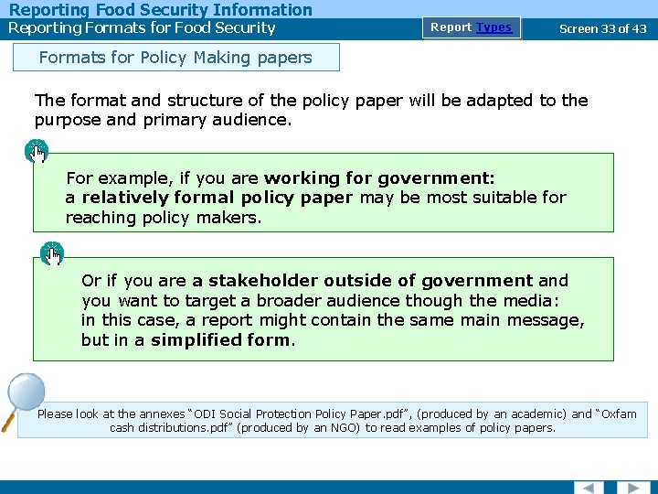 Reporting Food Security Information Reporting Formats for Food Security Report Types Screen 33 of