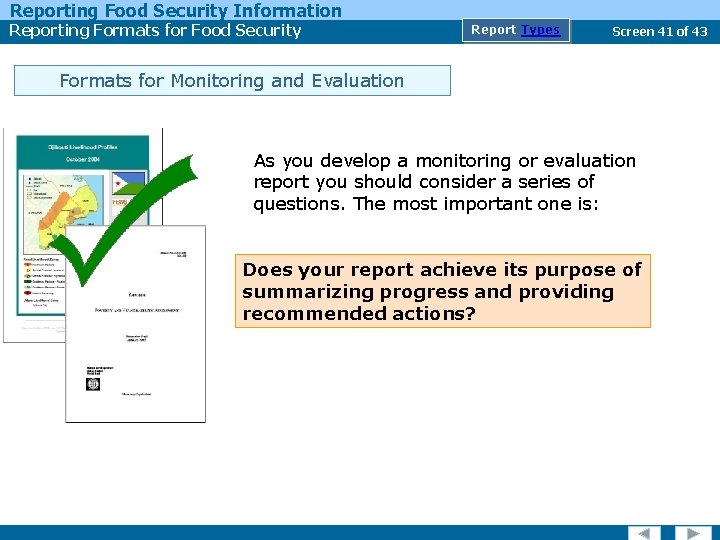 Reporting Food Security Information Reporting Formats for Food Security Report Types Screen 41 of