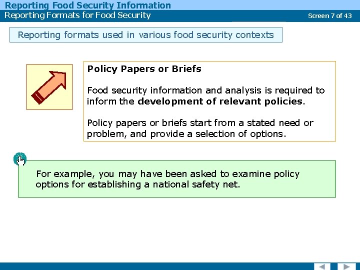 Reporting Food Security Information Reporting Formats for Food Security Report Types Screen 7 of