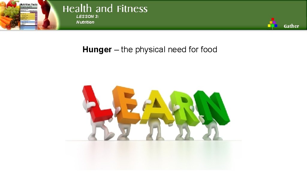 LESSON 3: Nutrition Hunger – the physical need for food 