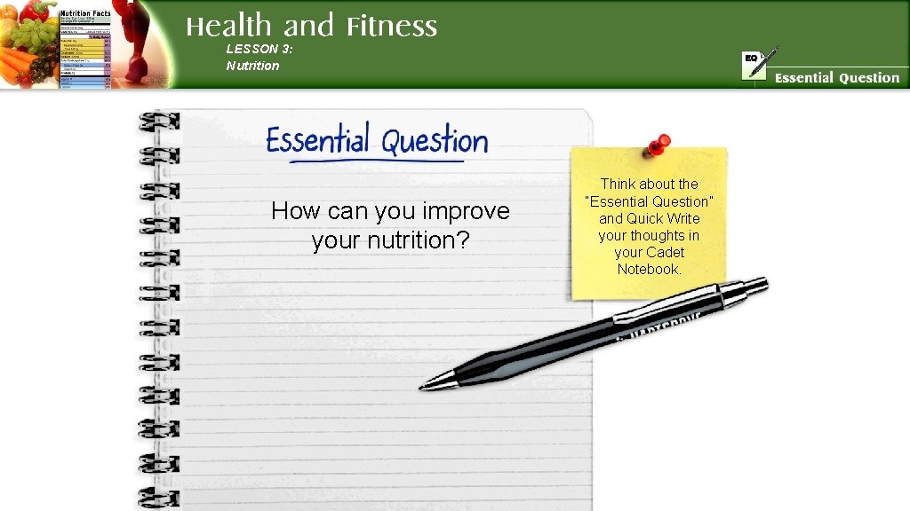 LESSON 3: Nutrition How can you improve your nutrition? Think about the “Essential Question”