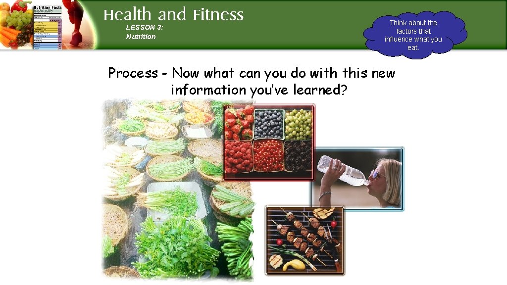 LESSON 3: Nutrition Think about the factors that influence what you eat. Process -