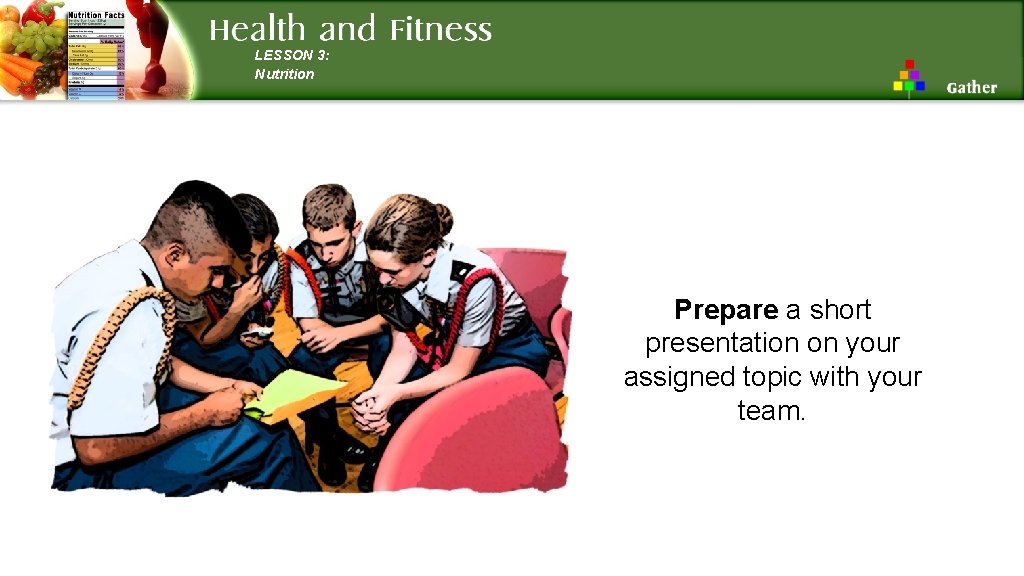 LESSON 3: Nutrition Prepare a short presentation on your assigned topic with your team.