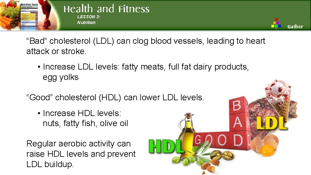 LESSON 3: Nutrition “Bad” cholesterol (LDL) can clog blood vessels, leading to heart attack