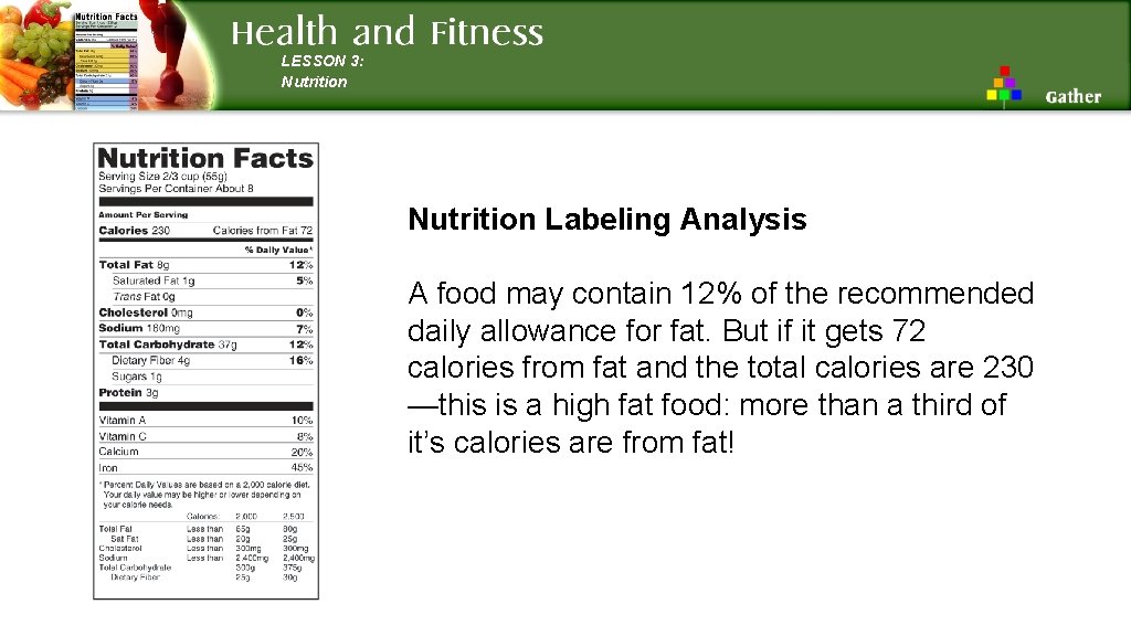 LESSON 3: Nutrition Labeling Analysis A food may contain 12% of the recommended daily