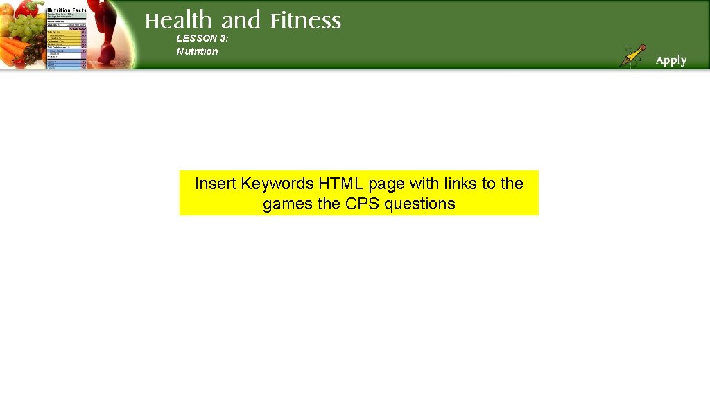 LESSON 3: Nutrition Insert Keywords HTML page with links to the games the CPS