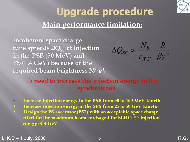 Upgrade procedure Main performance limitation: Incoherent space charge tune spreads DQSC at injection in