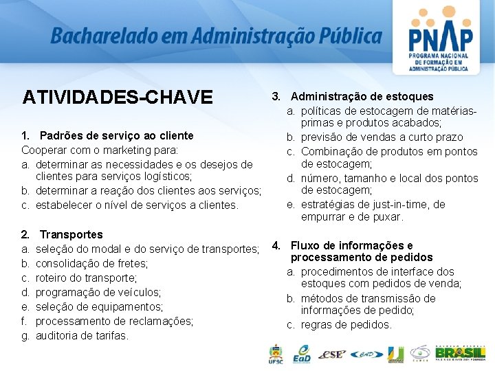 ATIVIDADES-CHAVE 3. Administração de estoques a. políticas de estocagem de matérias primas e produtos