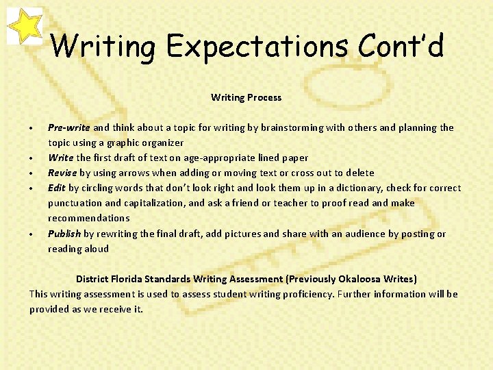 Writing Expectations Cont’d Writing Process Pre-write and think about a topic for writing by