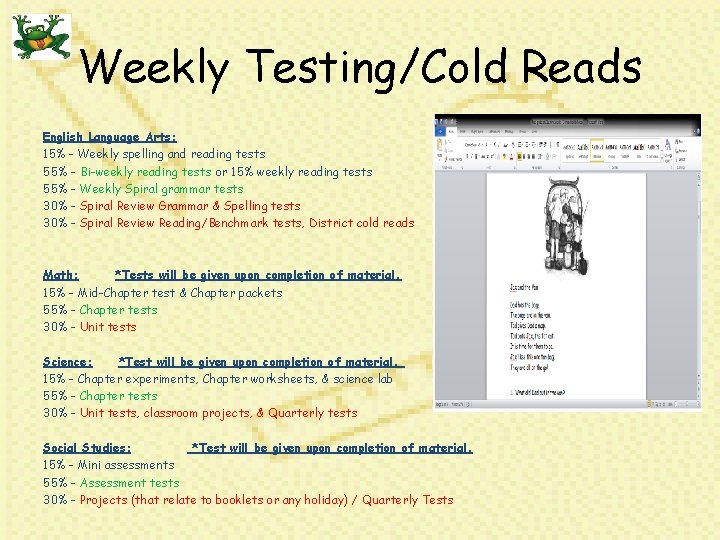 Weekly Testing/Cold Reads English Language Arts: 15% - Weekly spelling and reading tests 55%