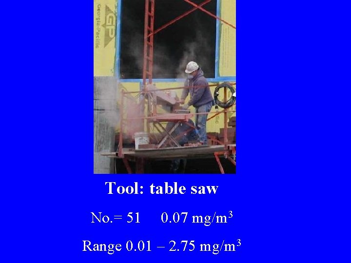 Tool: table saw No. = 51 0. 07 mg/m 3 Range 0. 01 –