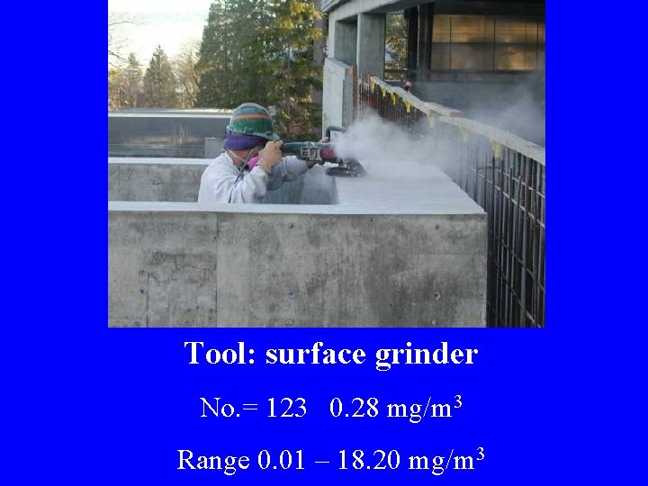 Tool: surface grinder No. = 123 0. 28 mg/m 3 Range 0. 01 –