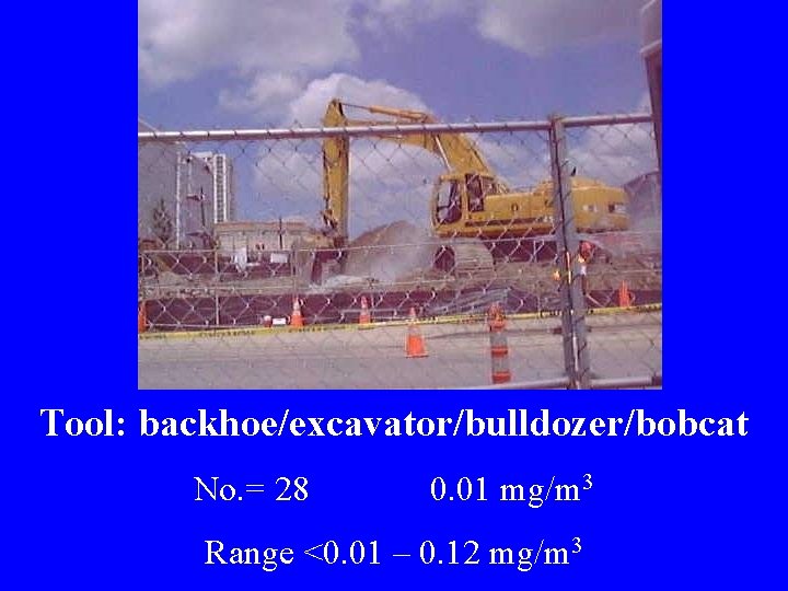 Tool: backhoe/excavator/bulldozer/bobcat No. = 28 0. 01 mg/m 3 Range <0. 01 – 0.