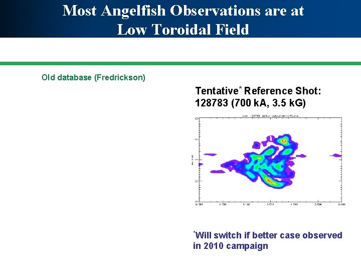 Most Angelfish Observations are at Low Toroidal Field Old database (Fredrickson) Tentative* Reference Shot: