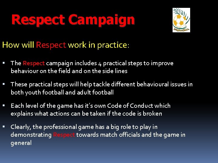 Respect Campaign How will Respect work in practice: The Respect campaign includes 4 practical