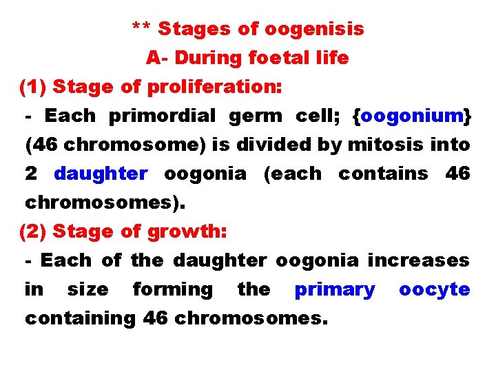 ** Stages of oogenisis A- During foetal life (1) Stage of proliferation: - Each