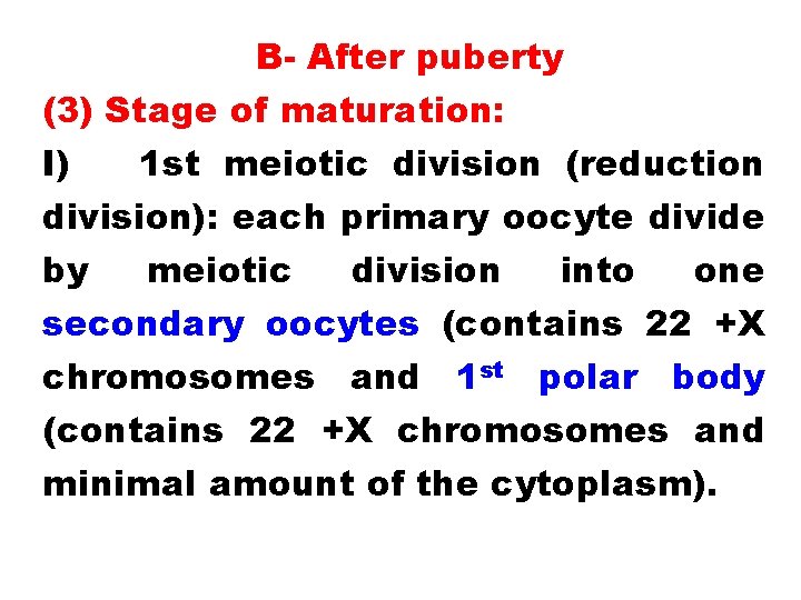 B- After puberty (3) Stage of maturation: I) 1 st meiotic division (reduction division):