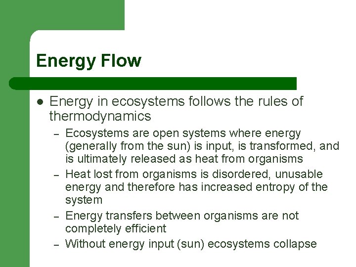 Energy Flow l Energy in ecosystems follows the rules of thermodynamics – – Ecosystems