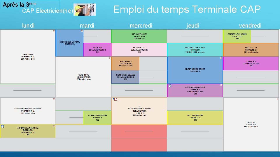 Après la 3ème CAP Electricien(ne) lundi Emploi du temps Terminale CAP mardi mercredi jeudi