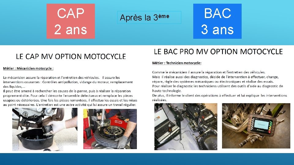 CAP 2 ans Après la 3ème BAC 3 ans 